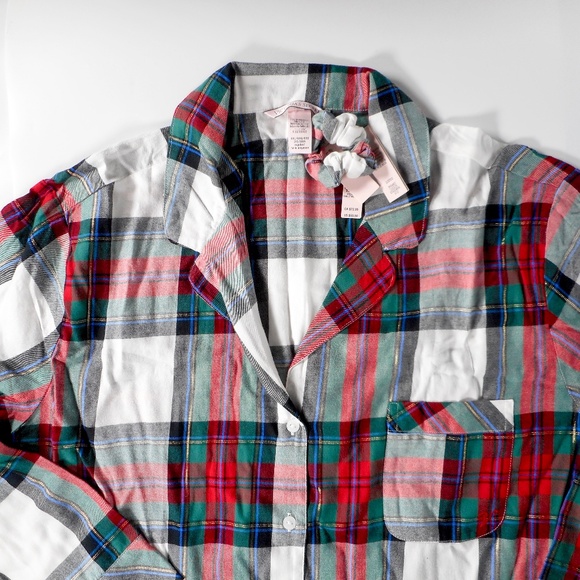 NWT Victoria Secret Flannel Pajama Set XXL 3pc Lounge White Red Green Plaid - Picture 7 of 12